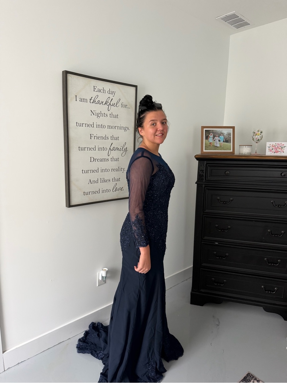 Elegant Navy Long Sleeve Evening Dress - Sparkle Lace